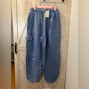 New In Textured Cotton Drawstring Pants Blue Mineral Wash L